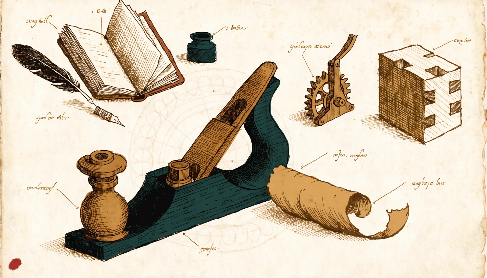 A naturalist's field-notebook page showing three studies in craft — a hand plane with a curling wood shaving, a dovetail joint shown in cutaway, and a brass gear — sketched among a quill, compass, and open notebook.